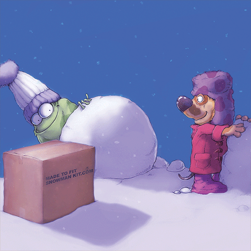 Frog building snowman